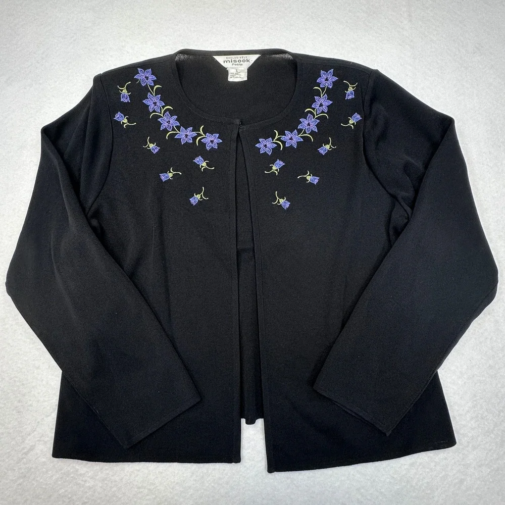 Misook Cardigan‎ Jacket Womens Large Petite Black Floral Embroidered Beaded Knit